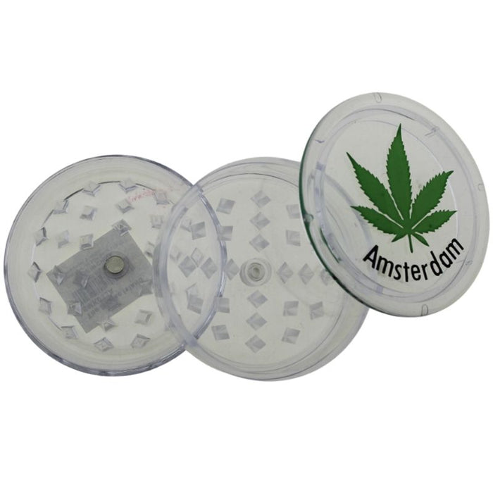 3-Part Amsterdam Leaf Design Herb Plastic grinder - Clear