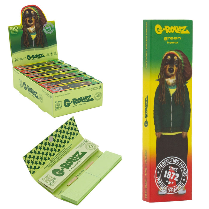 G-Rollz | Pets Rock 'Reggae' Green Hemp - 50 KS Slim Papers + Tips