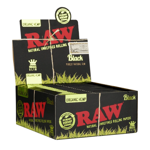 Black coloured Raw Organic Hemp King Size Slim Rolling Paper Full Box