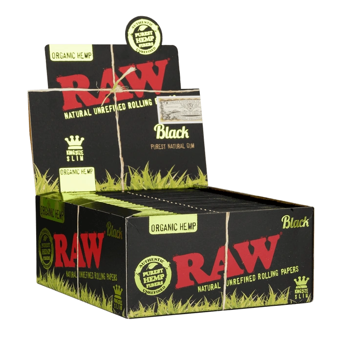 Black coloured Raw Organic Hemp King Size Slim Rolling Paper Full Box