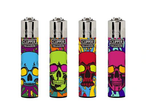 Colourful Skulls Clipper Lighter featuring vibrant skull designs on a refillable lighter