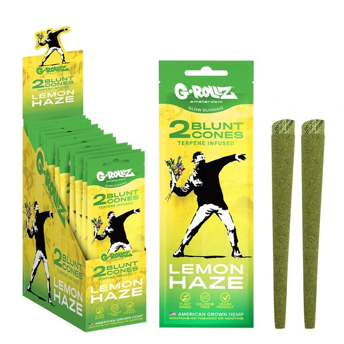 G-Rollz pre-rolled cannabis joint with Banksy-inspired graffiti design, Lemon Haze strain