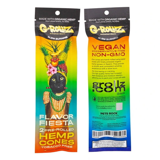 Pack of 2 G-Rollz 'Flavor Fiesta' pre-rolled hemp cones in colorful packaging back view