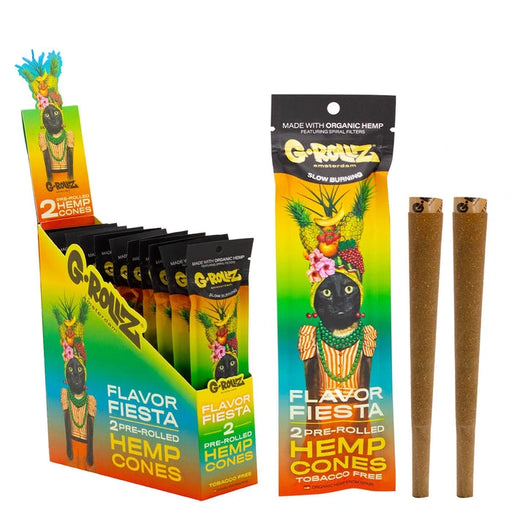Pack of 2 G-Rollz 'Flavor Fiesta' pre-rolled hemp cones in colorful packaging