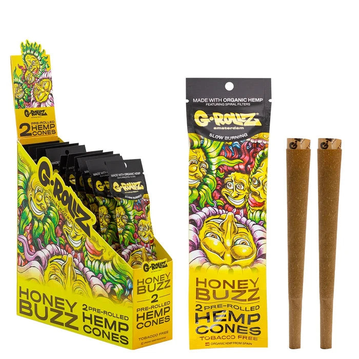 Two G-Rollz 'Honey Buzz' pre-rolled hemp cones in packaging with honey-inspired design.