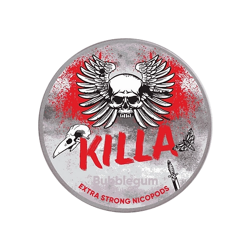 Killa Bubblegum flavored nicotine pouches in a small container