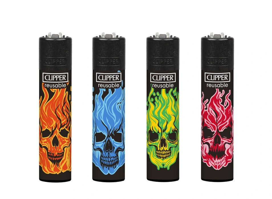 Skulls On Fire Clipper Lighter Collection featuring bold skull designs 
