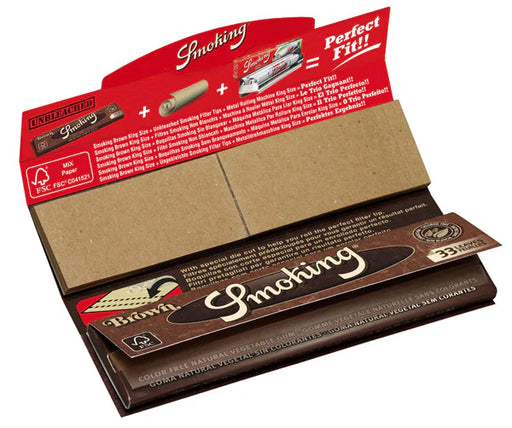 A pack of Smoking Brown Connoisseur rolling papers with included roaches