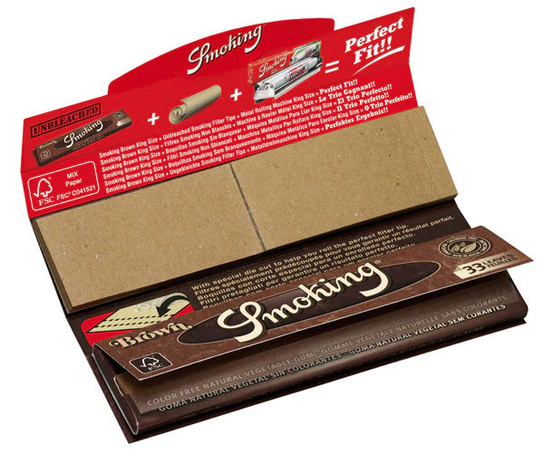 A pack of Smoking Brown Connoisseur rolling papers with included roaches